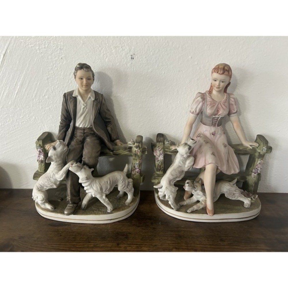 RARE Pair Of Large‎ Man & Woman Ucagco Figurines Fence & Dogs Capodimonte